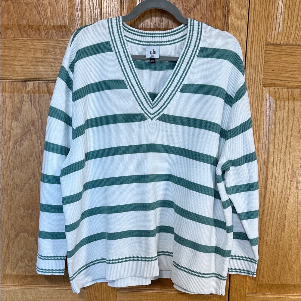 CAbi Teal and White V-Neck Striped Sweater #6656